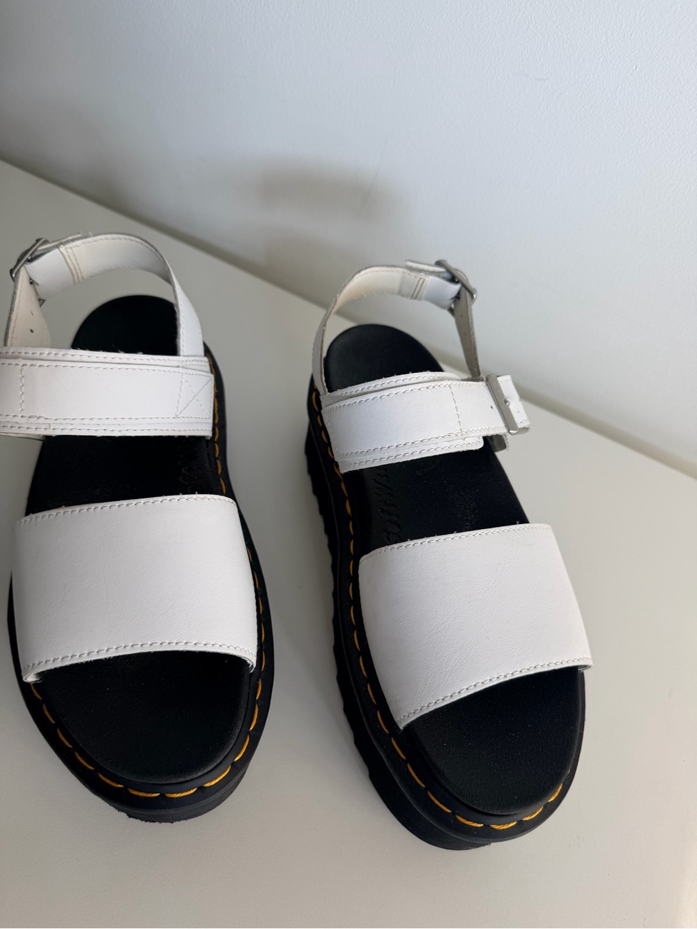 Dr Martens White Platform Leather Sandals with Black Sole